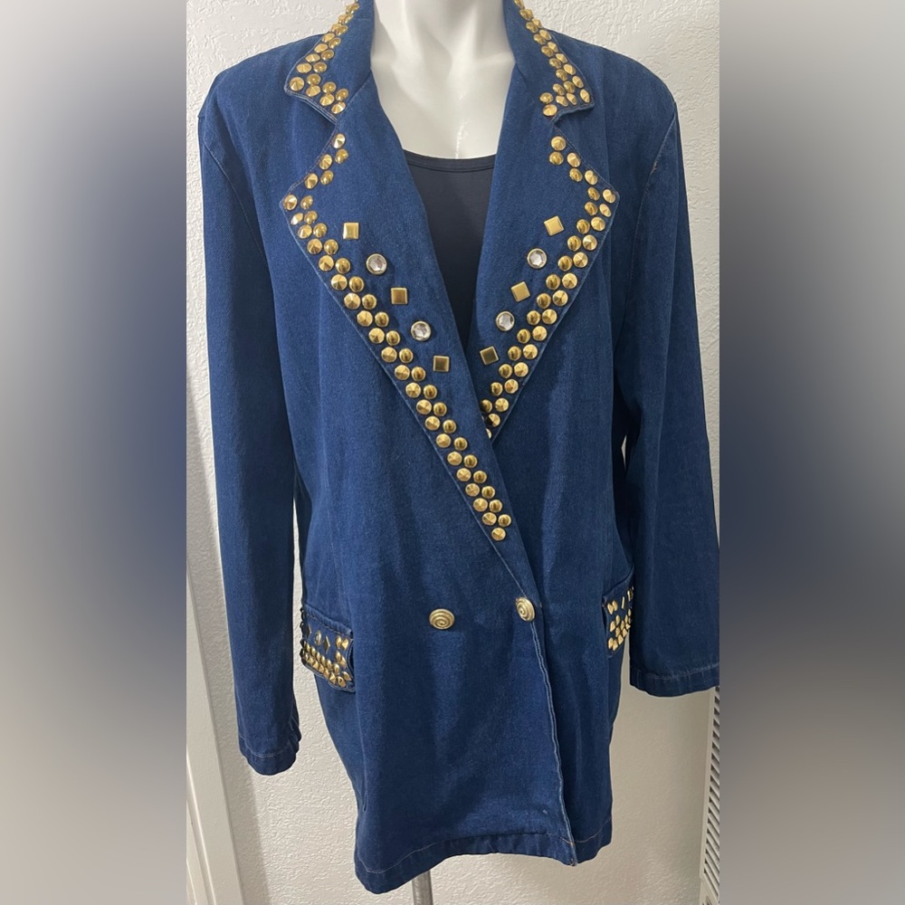 Gold Studded blue jean blazer with pockets